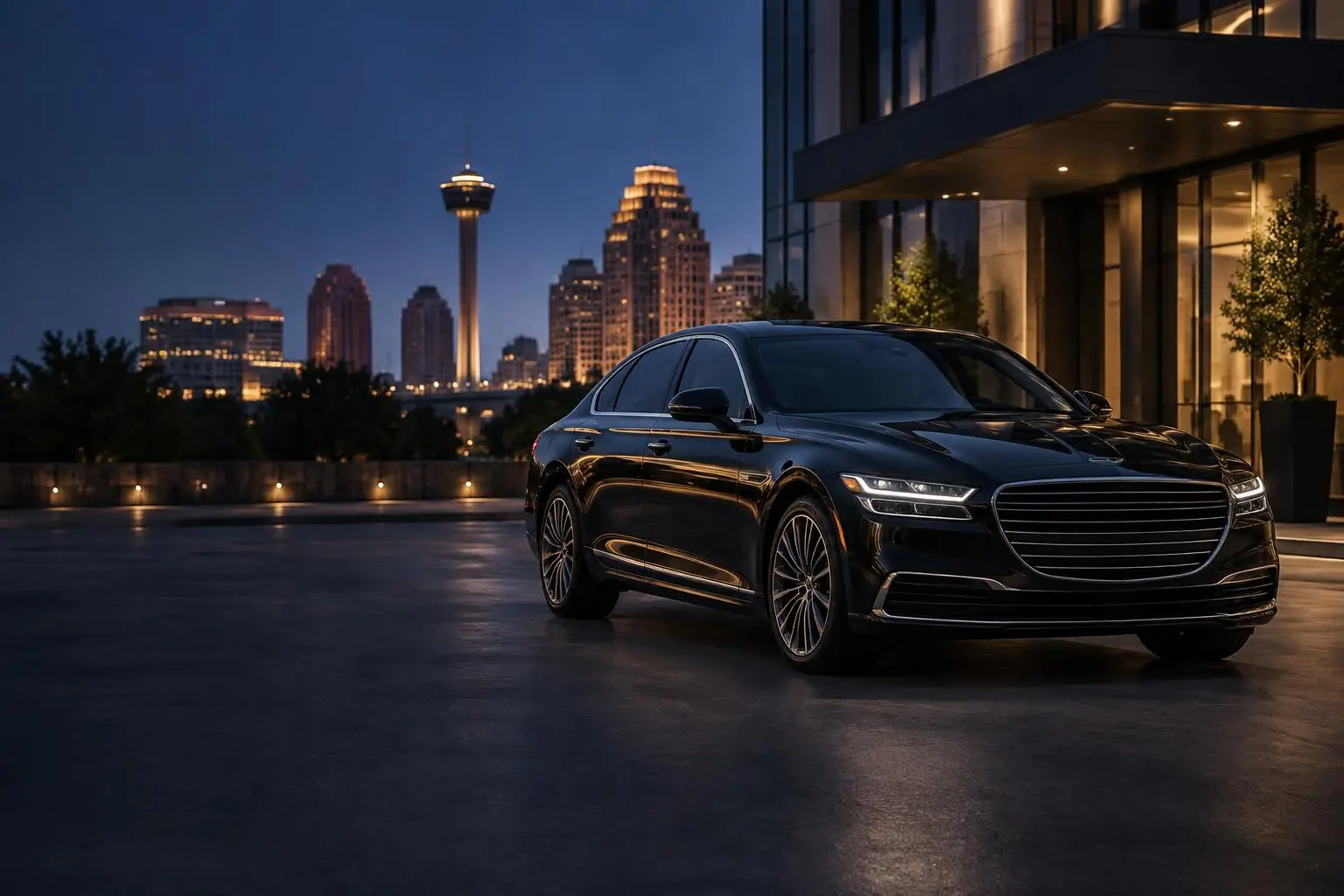 Executive black sedan staged in downtown San Antonio at dusk